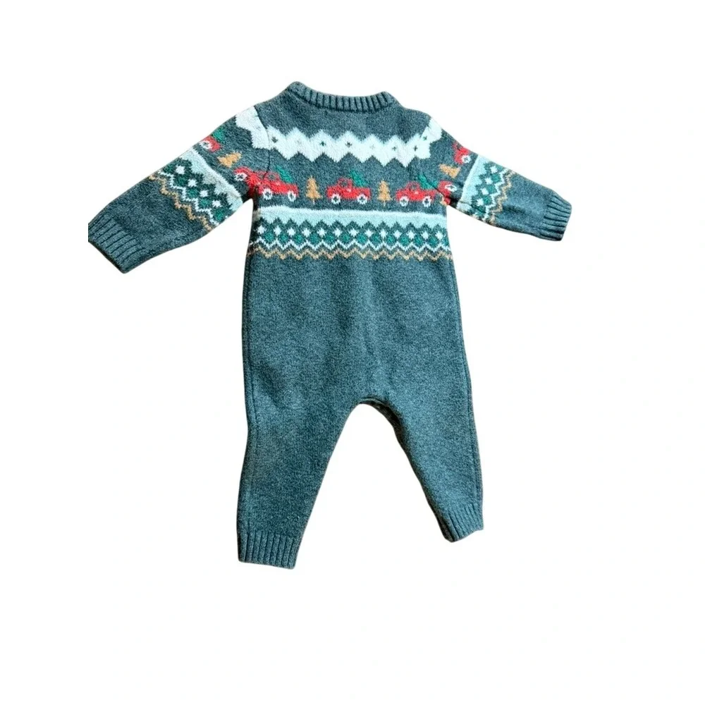 Old Navy Baby Fair Isle Knit Christmas Truck Coverall Green 6-12M Soft Christmas